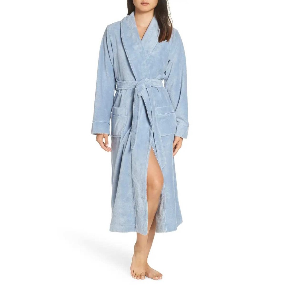 Nordstrom Terry Velour Robe Women M Blue Cotton Shawl Collar Cozy Relaxation